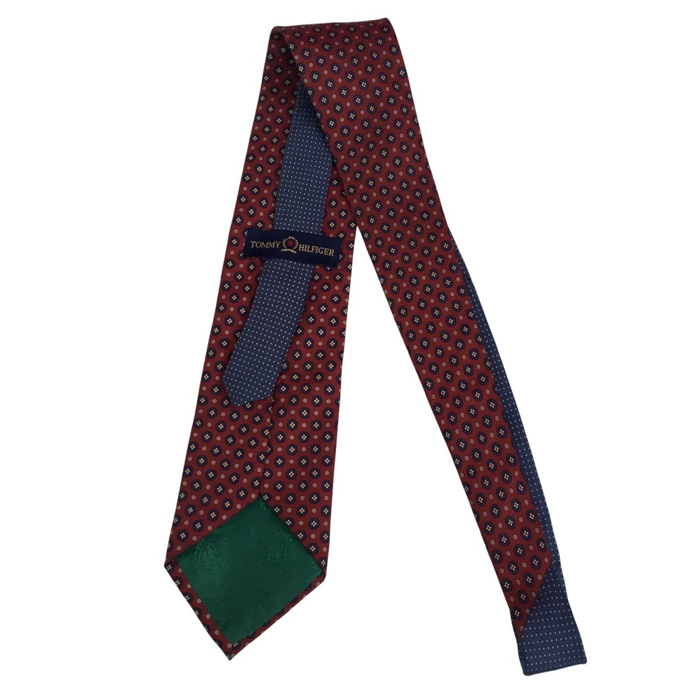Tommy Hilfiger Mens Red Navy Blue Medallion Silk‎ Necktie Geometric Business Tie